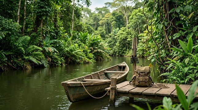 Wooden canoe tied to a dock in a dense jungle river. Adventure backpack and binoculars on a wooden pier. Amazon rainforest expedition and travel concept