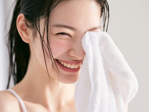 洗顔後やお風呂上がりに白いタオルで顔を拭い、明るく笑う女性のポートレート