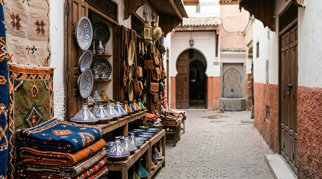 Traditional market stall in a narrow Moroccan medina alley. Colorful ceramics, tagines and rugs on display. Cultural travel and tourism concept