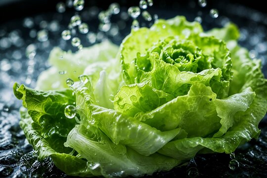 Fresh green lettuce head being washed with splashing water droplets. Raw vegetable preparation and food safety concept related to cyclosporiasis prevention