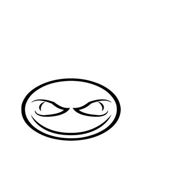 Minimalist oval face icon with an evil grin and sharp eyes on a white background