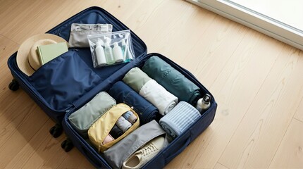 Fototapeta premium Neatly packed open suitcase on wooden floor. Organized travel luggage with rolled clothes, packing cubes and toiletries