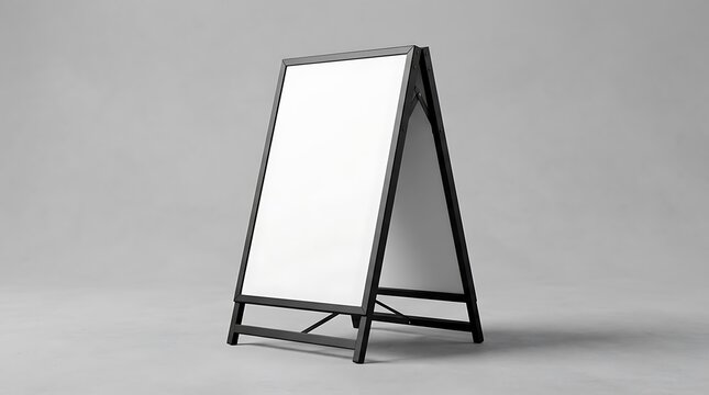 Empty black metal standing sandwich board sign for outdoor restaurant cafe menu or shop advertisement display mockup