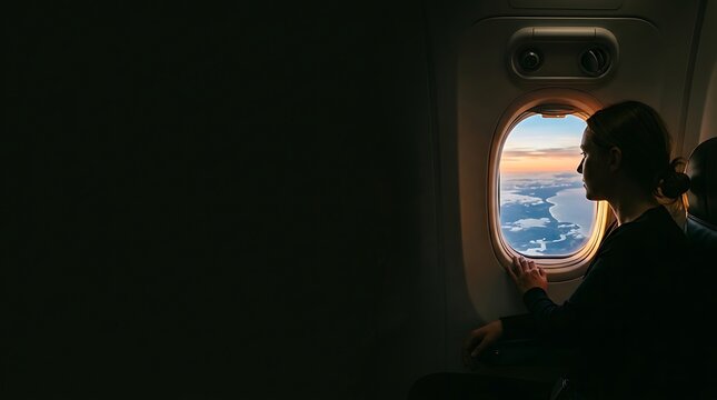 Woman looking through an airplane window at the sunset over clouds