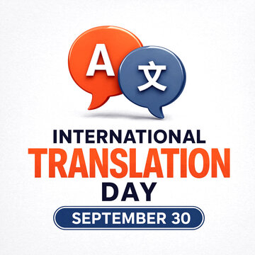 Colorful international translation day celebration graphic with speech bubbles and date announcement