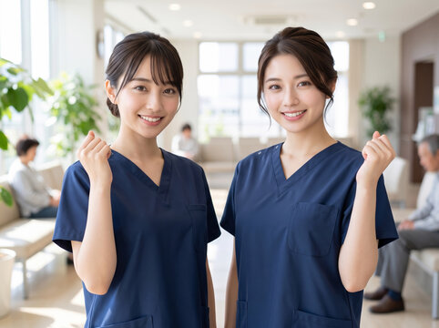 診察室前でガッツポーズをする若き看護スタッフたち