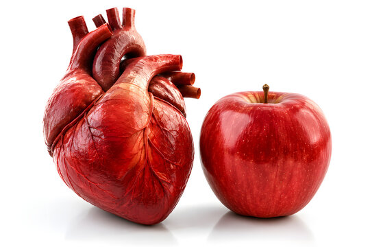 Conceptual image of a realistic human heart positioned beside a fresh red apple, symbolizing heart health, healthy nutrition, cardiovascular wellness, and the importance of a healthy lifestyle. Isolat