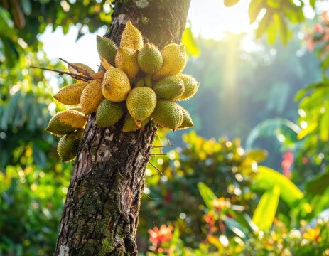 Tropical langsat fruit clusters growing on a tree trunk.