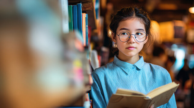 Young woman wearing glasses reading a book in a cozy, well-lit library surrounded by shelves of books.