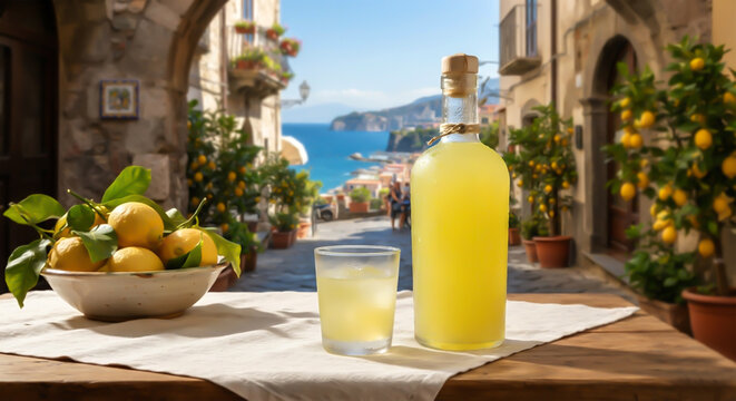 Traditional Italian limoncello liqueur bottle and glass with ice on wooden table, fresh lemons in bowl against scenic coastal alleyway of Sorrento, southern Italy.