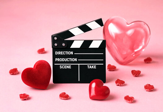 Creative movie clapperboard surrounded by decorative hearts on a soft pink background perfect for valentine or romance themes