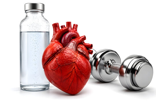 Conceptual healthcare and fitness composition featuring a realistic human heart, a bottle of water, and chrome dumbbells, symbolizing cardiovascular health, hydration, physical exercise, fitness, and 