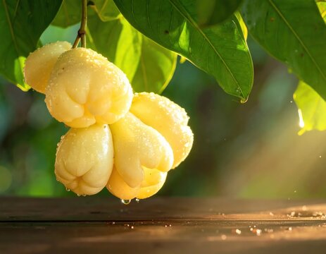Tropical wax apple fruit hanging from garden branch.