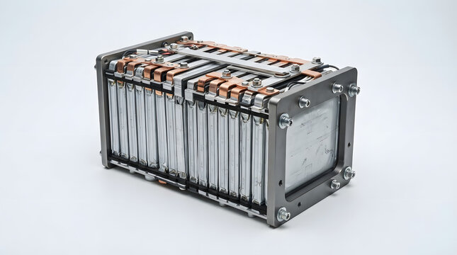 Modular lithium ion battery pack with vertical cells, metal frame and copper busbars designed for electric vehicle energy storage technology