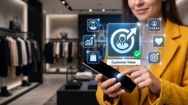 Happy Fashion Analyst in Mustard-Yellow Jacket Using AI Technology for Customer Lifetime Value Analytics in Futuristic Retail fashion Background