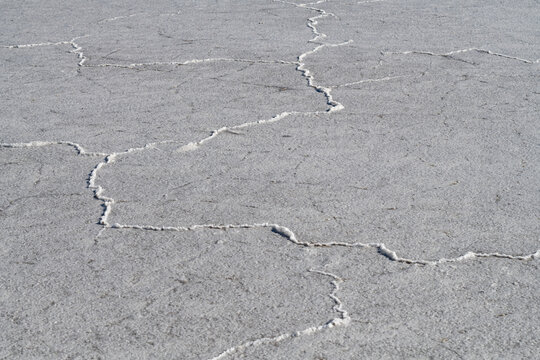 Salt crust on the parched surface of Elton lake on a sunny day. Volgograd region, Russia