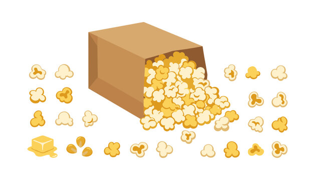 Delicious butter popcorn vector illustration set featuring a fallen brown paper bag spilling kernels loose popped corns pat of melted butter on white background