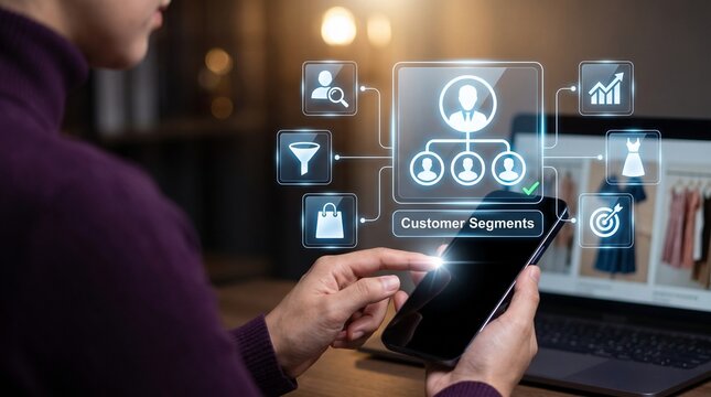 Purple Turtleneck Shirt Focused Fashion Marketing Strategist Using AI Technology for Customer Segmentation Analytics in Premium Retail Merchandising Background