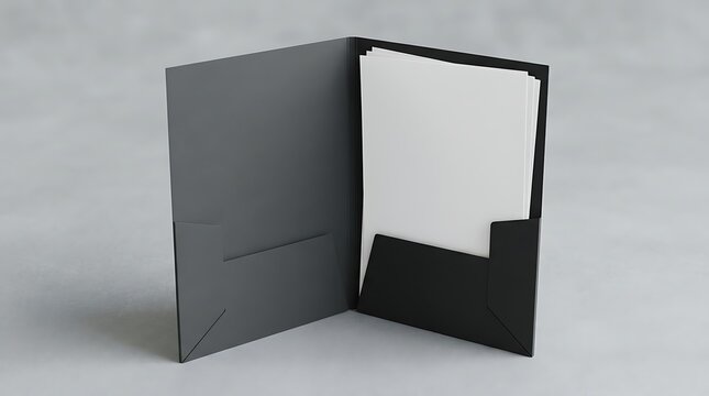 Open black presentation folder with white papers standing on a simple grey surface for corporate branding mockups