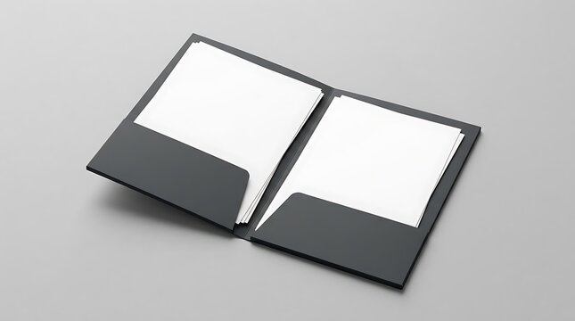 Open black presentation folder with two white paper sheets inside for professional office branding and corporate design