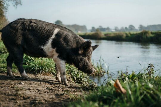 Black white pig drinking river water high resolution picture