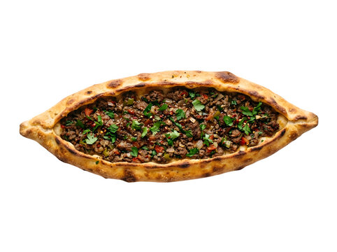 Traditional turkish pide bread with minced meat topping isolated on transparent background