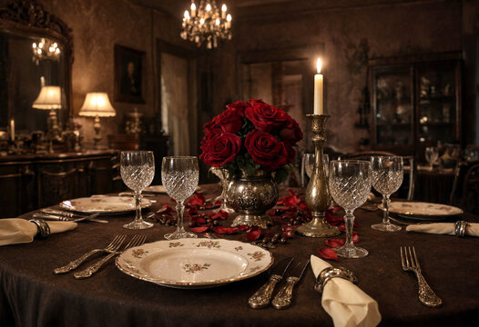 Elegant formal dinner table setting with red roses candlelight and crystal glasses in vintage room decor