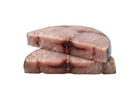 Two raw fresh tuna fish steaks stacked on each other isolated on transparent background