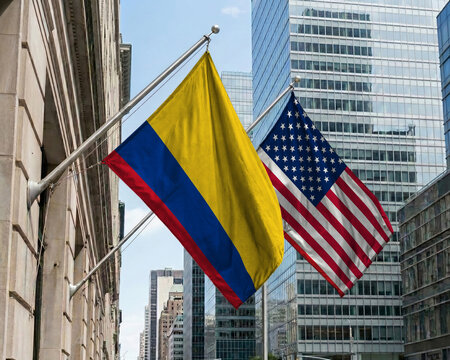 Colombia and United States crossed national flags waving against a blue sky, representing bilateral relations and diplomacy.