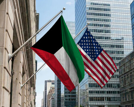 Kuwait and United States crossed national flags waving against a blue sky, representing bilateral relations and diplomacy.