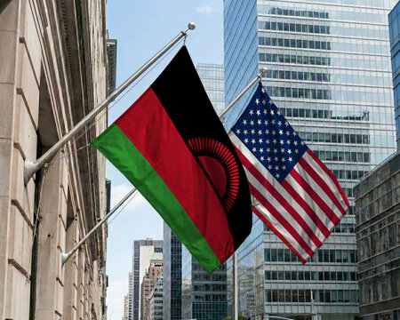 Malawi and United States crossed national flags waving against a blue sky, representing bilateral relations and diplomacy.