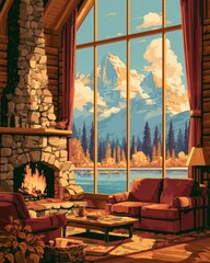 Obraz premium Cozy lodge with a stone fireplace and comfortable furniture overlooks mountains and trees through large windows in autumn.