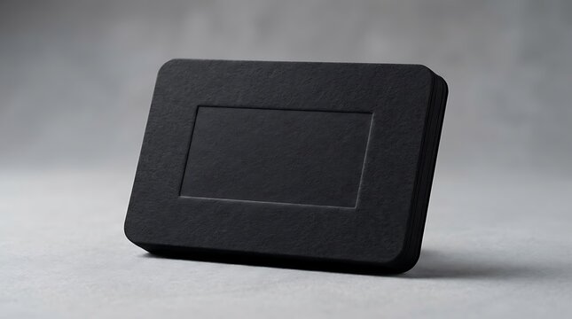 A small rectangular black box with a smooth matte texture standing upright on a clean simple grey surface for display