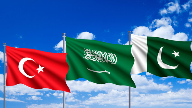 Flags of Turkey, Saudi Arabia, and Pakistan Waving Together Symbolizing Partnership and International Relations