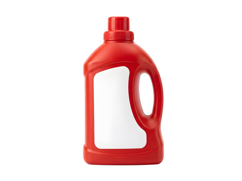Red plastic laundry detergent bottle with blank label for household cleaning product branding isolated on transparent background