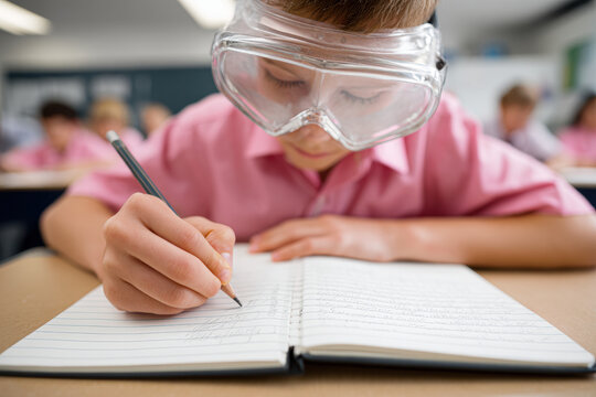 A student wearing safety goggles concentrates on writing in a notebook during a classroom science activity.