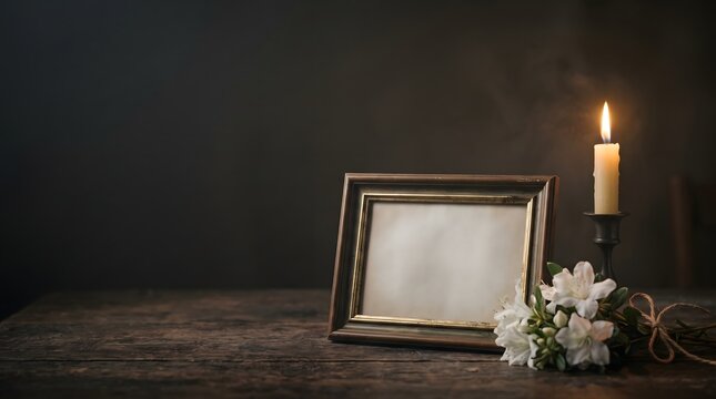 Empty picture frame with candle and white flowers on a rustic wooden table .Missing people remembrance day