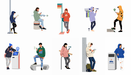 Fototapeta premium Collection of diverse young people in streetwear using mobile phones and apps while waiting or commuting in minimalist urban settings, isolated on white.