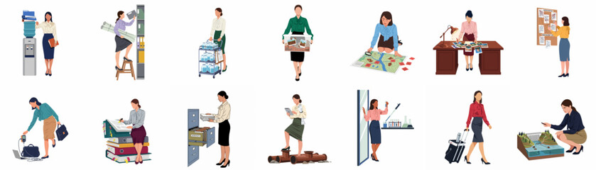 Fototapeta premium Collection of professional woman characters performing various office tasks, administrative duties, and business activities in a flat illustration style.