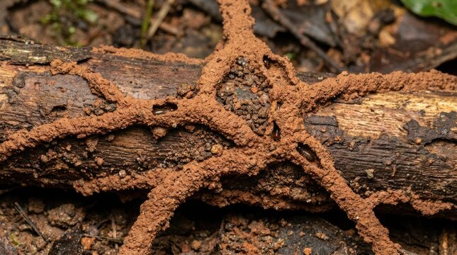 close up view of mud termite tubes covering wooden log