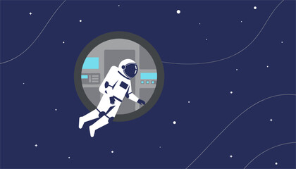 Fototapeta premium Astronaut in a white spacesuit floats gracefully in outer space next to a circular porthole window under a starry dark sky.
