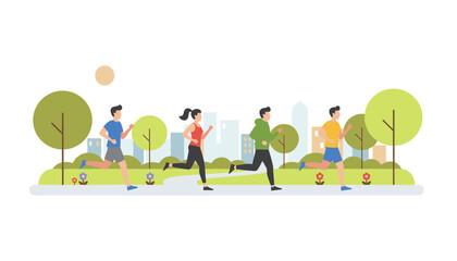 Fototapeta premium Multiethnic group of young active people running along track in city park on beautiful summer day.