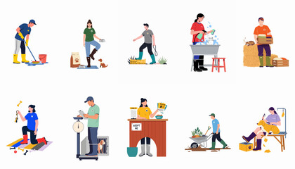 Fototapeta premium Collection of vector illustrations depicting various animal shelter and pet care activities such as cleaning, grooming, training, and vet services.