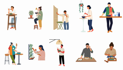 Fototapeta premium Collection of flat vector illustrations of people eating, drinking, and standing in domestic and casual settings on a white background.