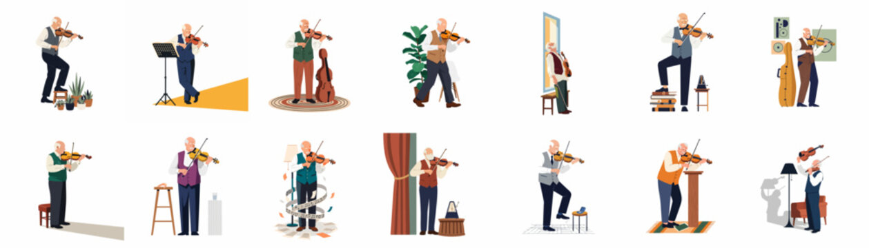 A diverse collection of flat vector illustrations featuring an elderly man playing the violin in various indoor and outdoor settings and poses.