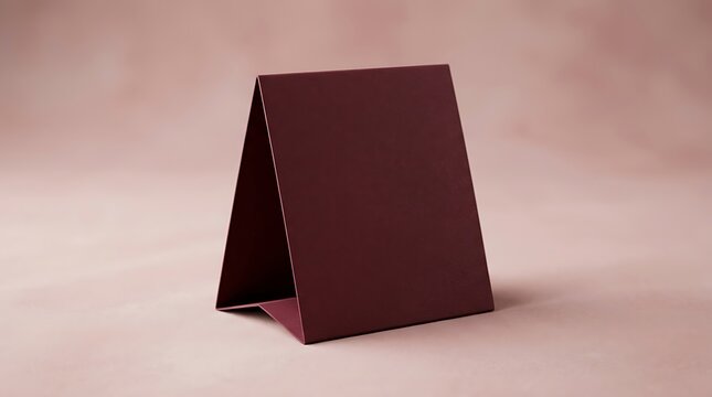 Dark red triangular paper table tent sign display on a matching soft pink surface for business branding and advertising