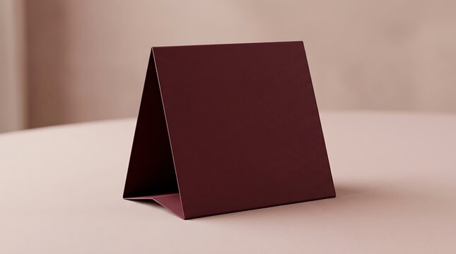 A dark red folded paper table tent card standing on a soft pink surface for business signage or restaurant menu mockups