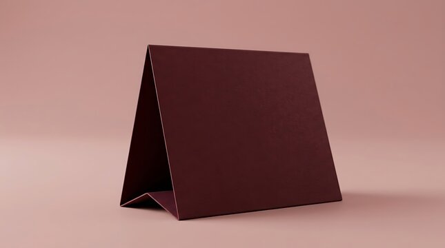 Dark red folded paper tent card standing on a soft pink surface for business presentation or restaurant table display