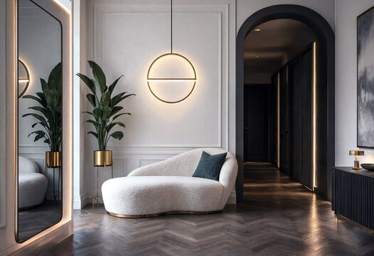 Modern luxury hallway interior with stylish chaise lounge and circular wall light design
