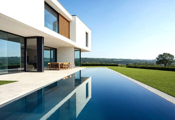 Fototapeta premium Modern luxury house with sleek design and infinity pool overlooking scenic green landscape under clear blue sky